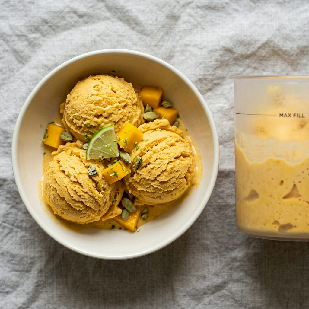 Mango- och proteinglass med vanilj och lime